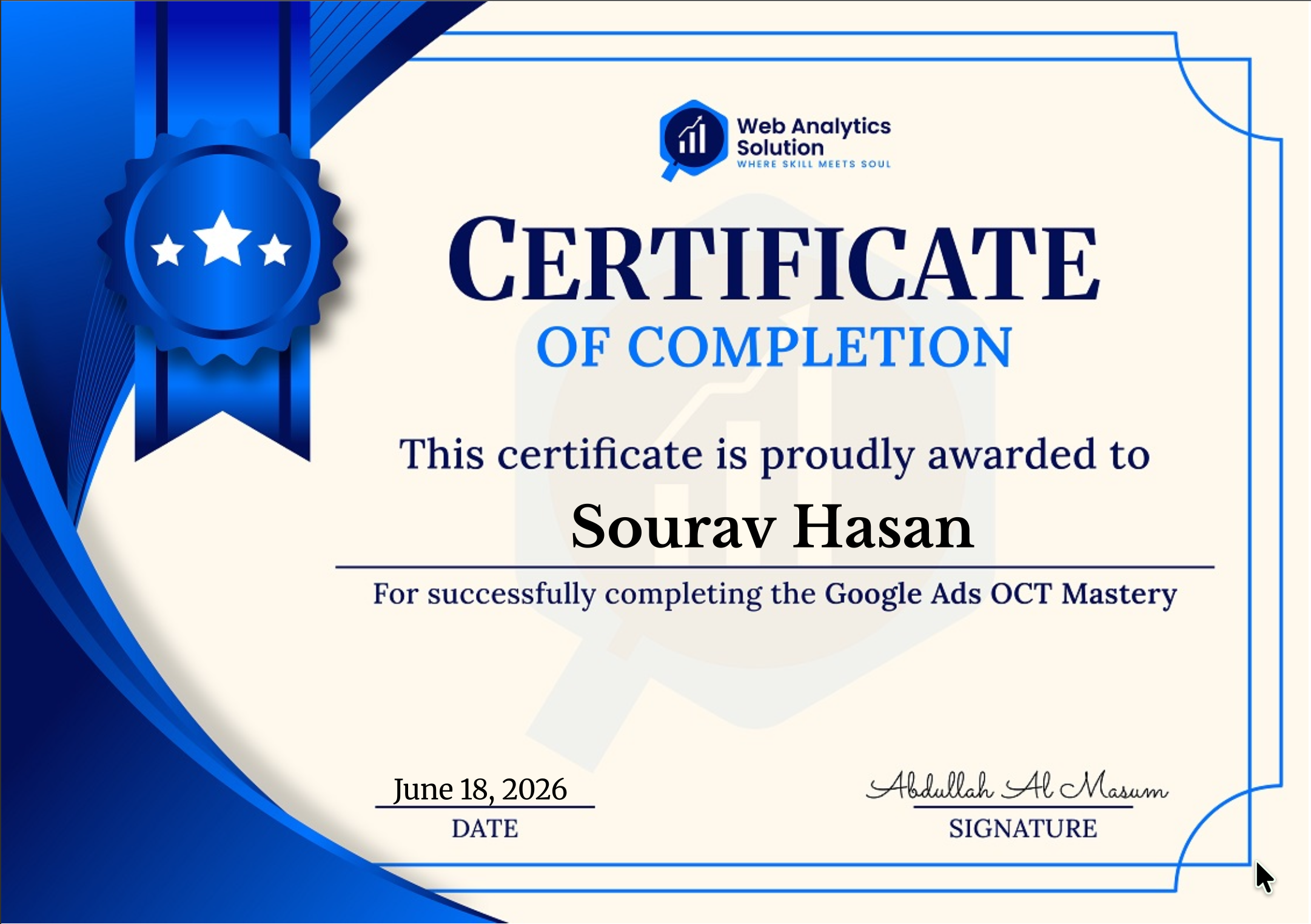Web Analytics Solution certificate: Google Ads OCT Mastery